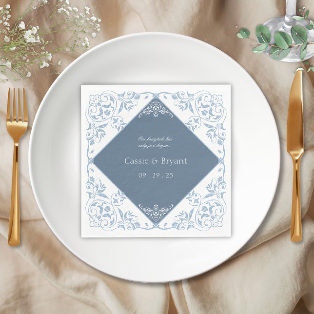 Chinoiserie Blue and White Coastal Chic Bröllop Pappersservett (elegant blue and white regency era chinoserie vintage victorian wedding napkins for table setting)