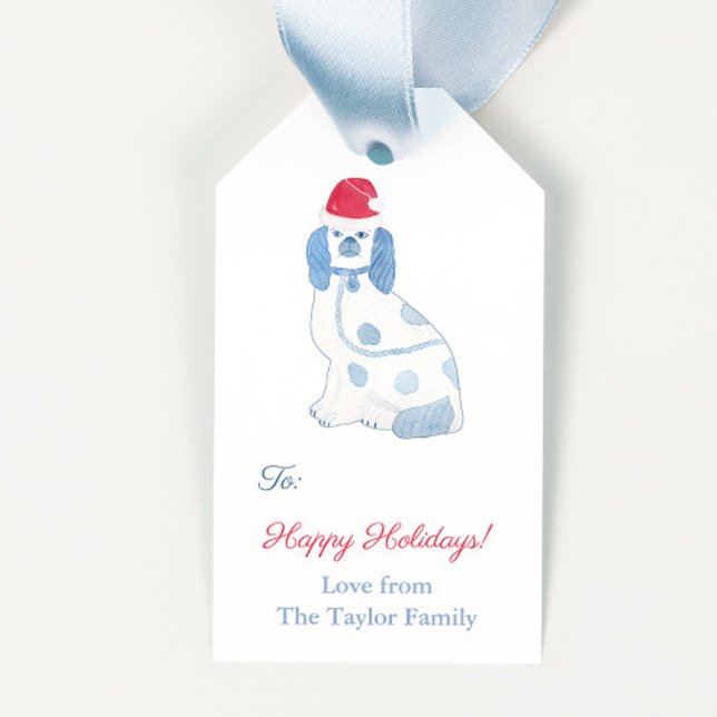 Chinoiserie Blue and White Hund Santa Hat-Helgdaga Presentetikett (Blue and white pottery dog with red and white santa hat merry christmas gift tags)
