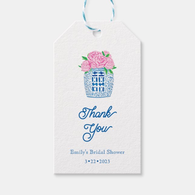 Chinoiserie Blue and White Hydrangea Tack Märkre Presentetikett (Framsidan)