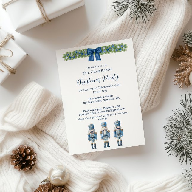 Chinoiserie Blue and White Nutcracker-jul Inbjudningar (Blue Nutcracker Christmas Party Invitation)