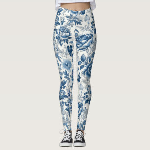 Chinoiserie Blue and White Peonies Blommigt Flower Leggings