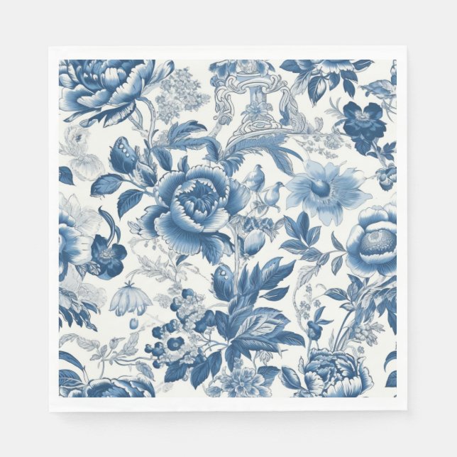 Chinoiserie Blue and White Peonies Blommigt Flower Pappersservett (Framsidan)