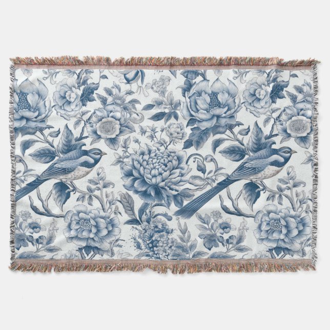 Chinoiserie Blue and White Peonies Flowers Birds Filt (Framsidan)