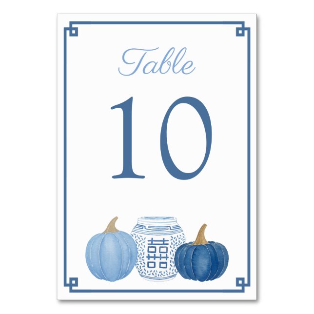 Chinoiserie Blue and White Pumpkins Fall Wedding Bordsnummer (Framsidan)