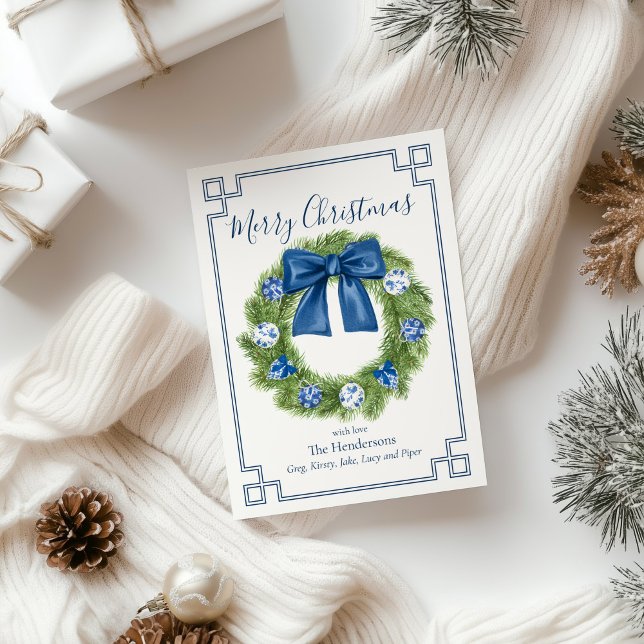 Chinoiserie Blue and White Wandeand Julkort (chinoiserie wreath christmas greeting card
)