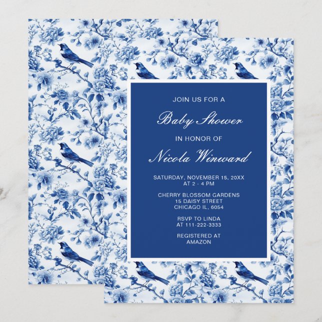 Chinoiserie Blue Birds and Flowers Baby Shower Inbjudningar (Fram/baksida)