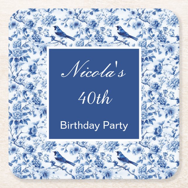 Chinoiserie Blue Birds and Flowers Birthday Underlägg Papper Kvadrat (Framsidan)