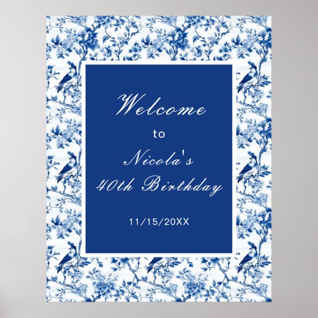 Chinoiserie Blue Birds and Flowers Bridal Shower Poster (Framsidan)