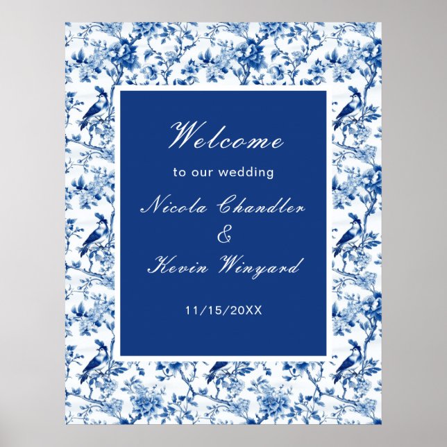 Chinoiserie Blue Birds and Flowers Bröllop Poster (Framsidan)