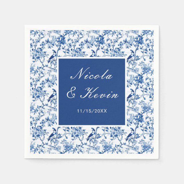 Chinoiserie Blue Birds and Flowers Wedding Pappersservett (Framsidan)