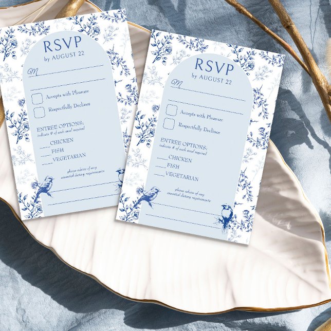 Chinoiserie Blue Blommigt Bröllop Arch Entree och OSA Kort (Elegant blue floral RSVP from the Chinoiserie Wedding Collection by Darling & May)