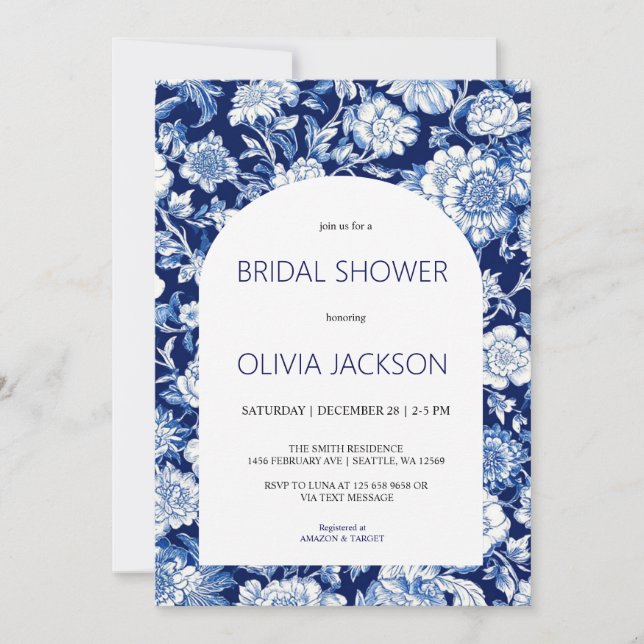 Chinoiserie Blue Blommigt Inbjudningskort för möhi (Framsida)