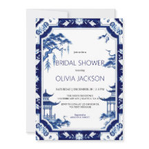Chinoiserie Blue Blommigt Inbjudningskort för möhi