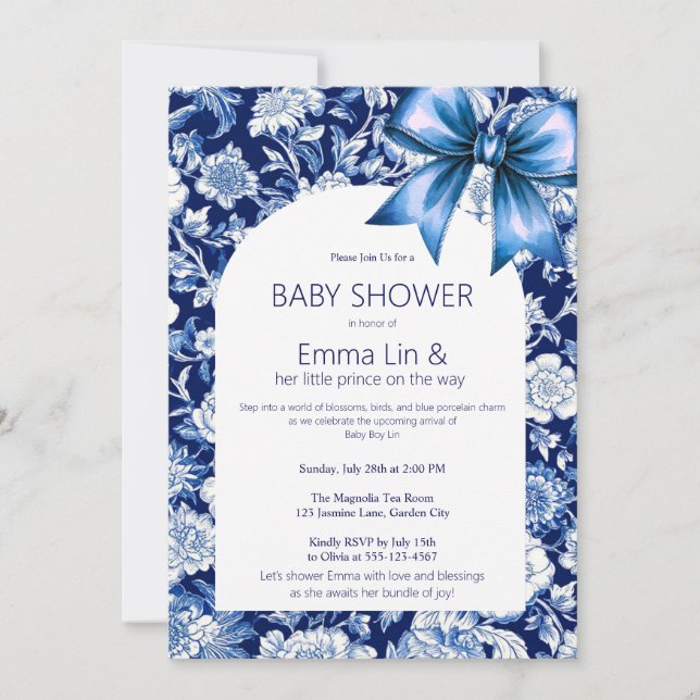 Chinoiserie Blue Boy Baby Shower Inbjudningar (Framsida)