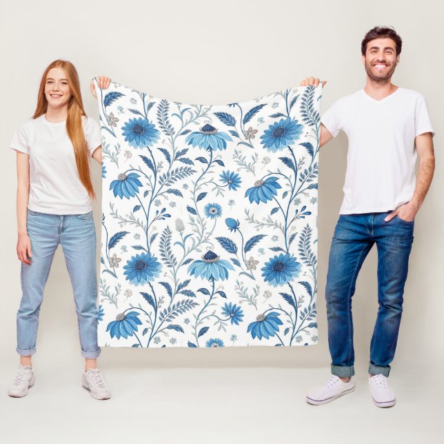 Chinoiserie Blue Echinacea Pattern Fleecefilt (På plats)