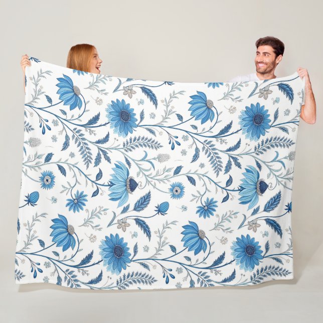 Chinoiserie Blue Echinacea Pattern Fleecefilt (På plats)