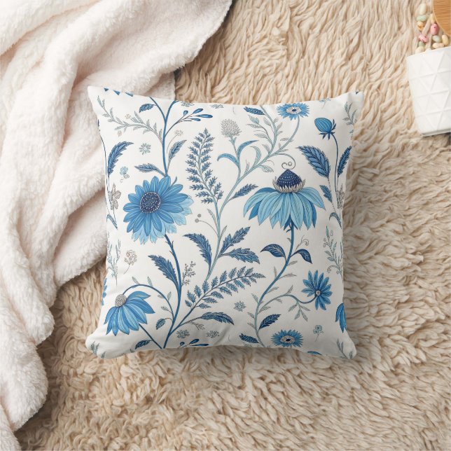 Chinoiserie Blue Echinacea Pattern Kudde (Filt)