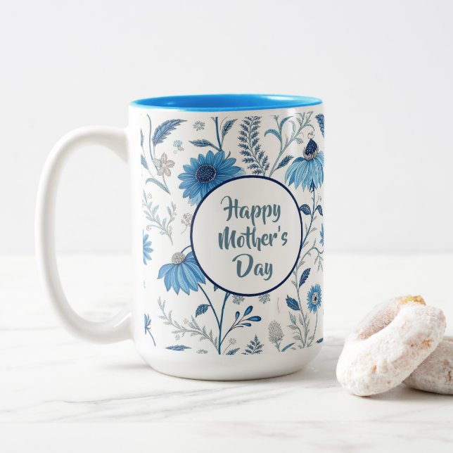 Chinoiserie Blue Echinacea Pattern Två-Tonad Mugg (Med munk)