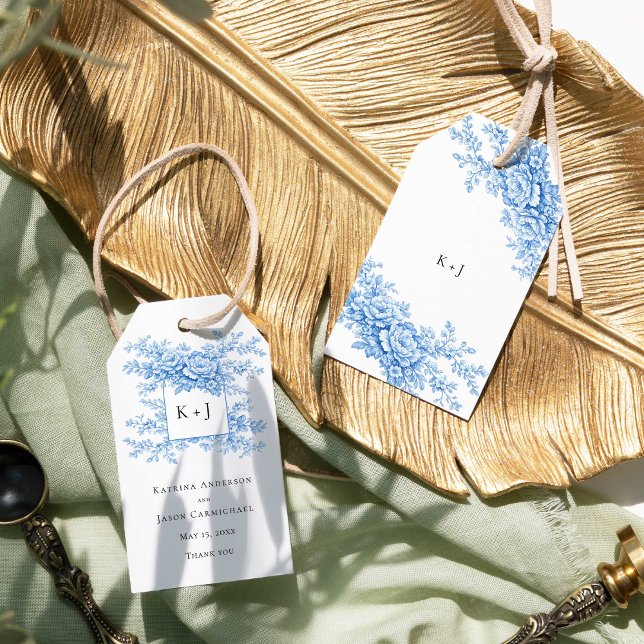 Chinoiserie Blue Floral Classic Wedding Monogram Presentetikett (Skapare uppladdad)