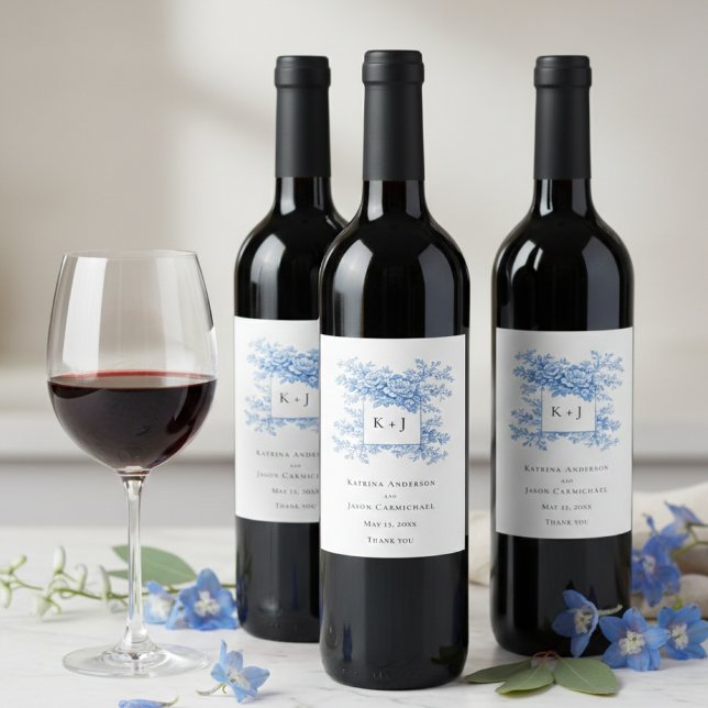 Chinoiserie Blue Floral Classic Wedding Monogram Vinflaska Etikett (Skapare uppladdad)