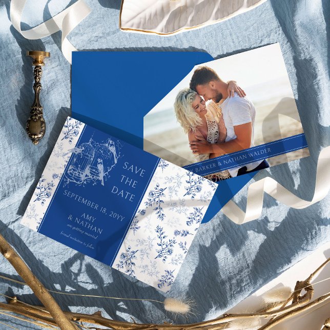 Chinoiserie Blue Romantic Elegance Photo Bröllop Spara Datumet (Blue Floral Photo Save the Date from the Chinoiserie Wedding Collection by Darling & May)