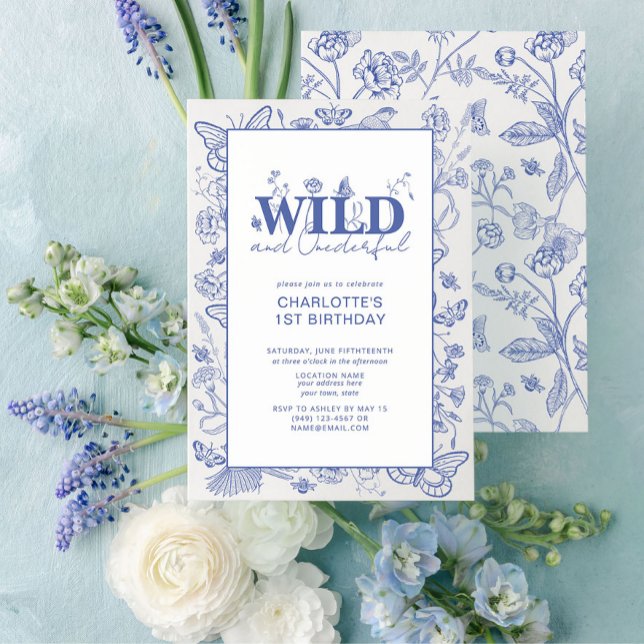 Chinoiserie Blue Vild & Oenderful 1st Birthday Inbjudningar (Easily personalize this sweet baby's first birthday invitation with your unique details.
)