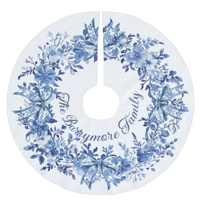 Chinoiserie Blue White Blommigt jul Bows Julgransmatta Borstad Polyester (Framsidan)