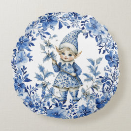 Chinoiserie Blue White Blommigt Jul Elf Rund Kudde