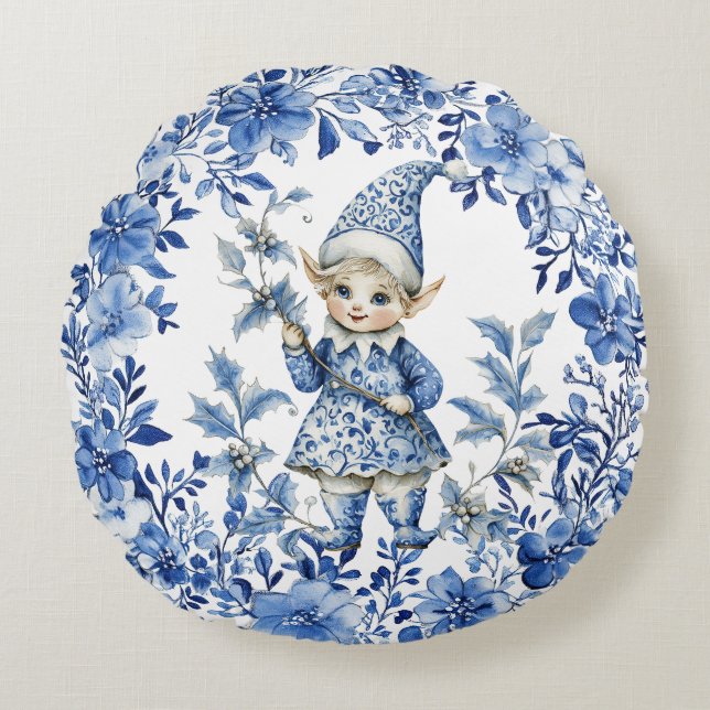 Chinoiserie Blue White Blommigt Jul Elf Rund Kudde (Framsidan)