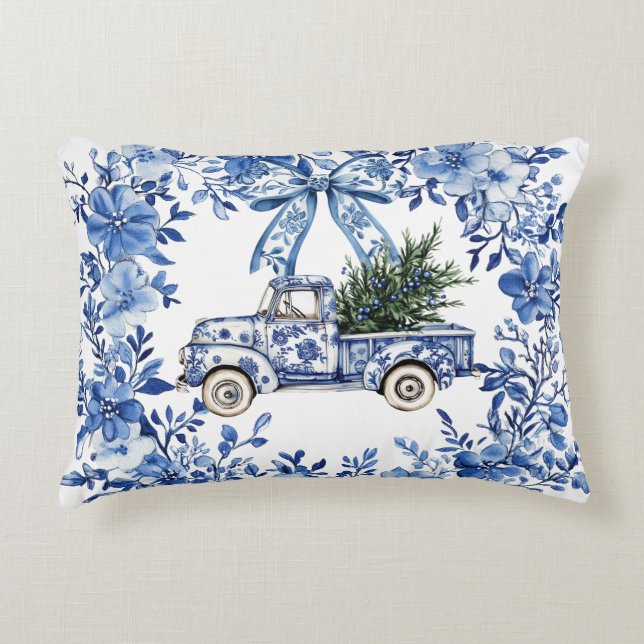 Chinoiserie Blue White Blommigt jul Lastbil Prydnadskudde (Framsidan)
