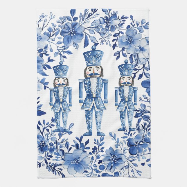 Chinoiserie Blue White Blommigt Nutcracker jul Kökshandduk (Vertikal)