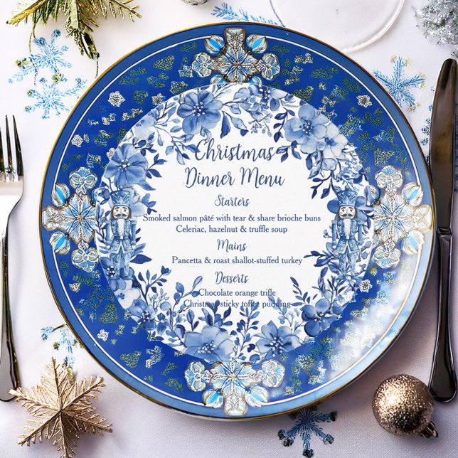 Chinoiserie Blue White Blommigt Nutcracker Soldier Meny (Skapare uppladdad)