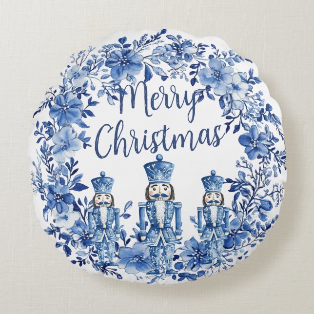 Chinoiserie Blue White Blommigt Nutcracker Soldier Rund Kudde (Framsidan)