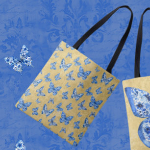 Chinoiserie Blue White Butterflies på Guld Tygkasse