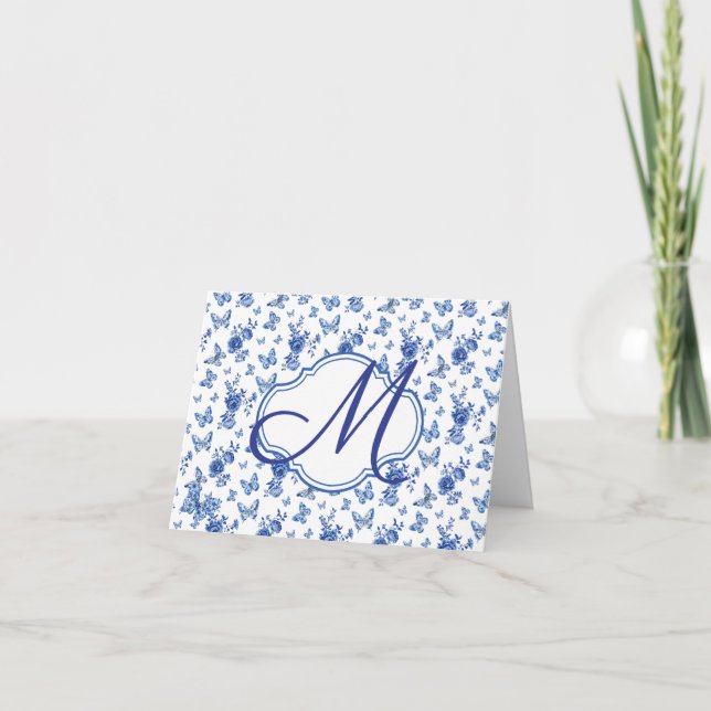 Chinoiserie Blue White Butterfly Ro Monogram Helgkort (Framsida)