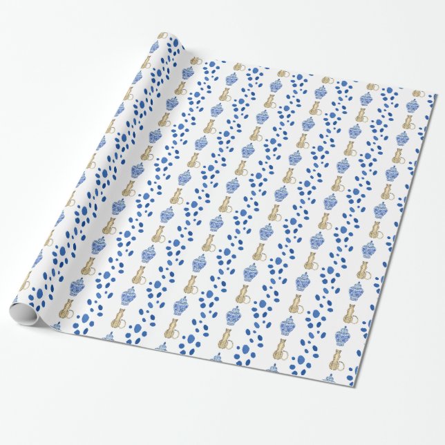 Chinoiserie Blue & White Cheetah Gift Wrap Presentpapper (Utrullad)