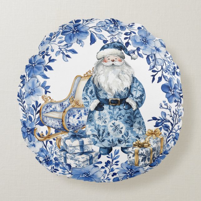 Chinoiserie Blue White Floral Christmas Santa Rund Kudde (Framsidan)