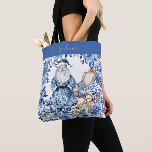 Chinoiserie Blue White Floral Christmas Santa Tygkasse (Närbild)