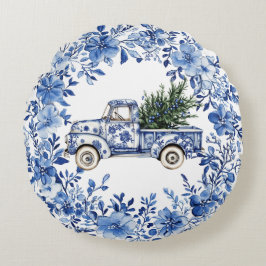 Chinoiserie Blue White Floral Christmas Truck Rund Kudde