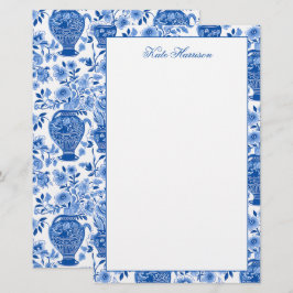 Chinoiserie Blue & White Ginger Burk Blommigt Vas Brevpapper