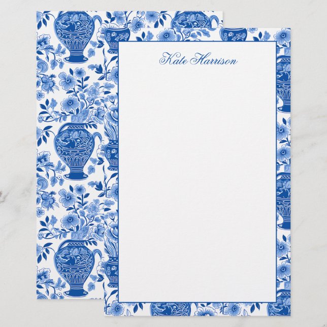 Chinoiserie Blue & White Ginger Burk Blommigt Vas Brevpapper (Fram/baksida)