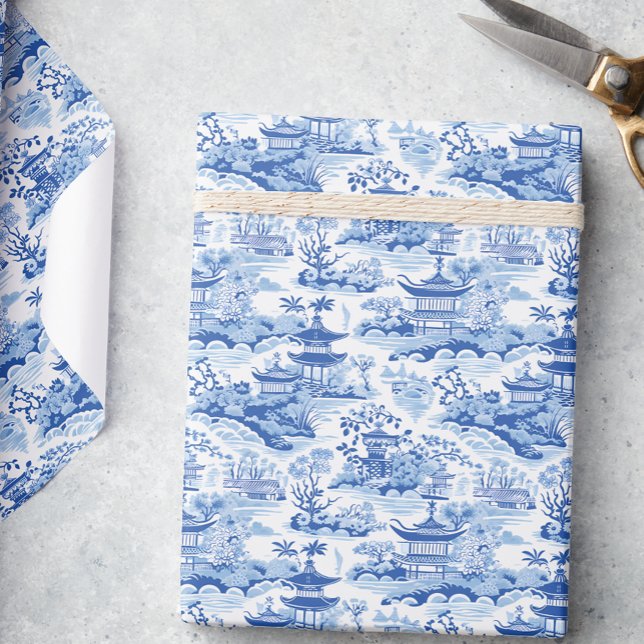 Chinoiserie Blue & White Pagodas Presentpapper (Skapare uppladdad)
