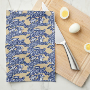Chinoiserie Blue White Tan Rabbit Bunny Mönster Kökshandduk