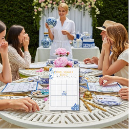 Chinoiserie Blue Willow Bröllopsdusch Bingo spel Inbjudningar