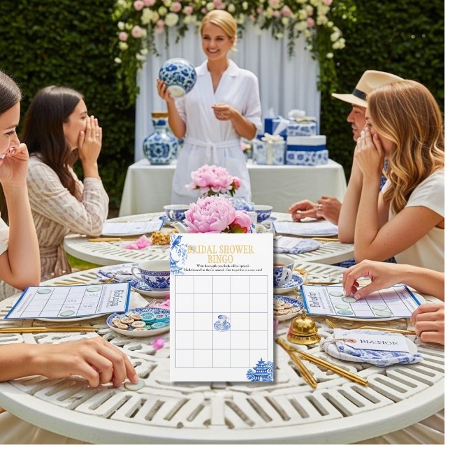 Chinoiserie Blue Willow Bröllopsdusch Bingo spel Inbjudningar (Chinoiserie Blue Willow Bridal Shower Bingo game)