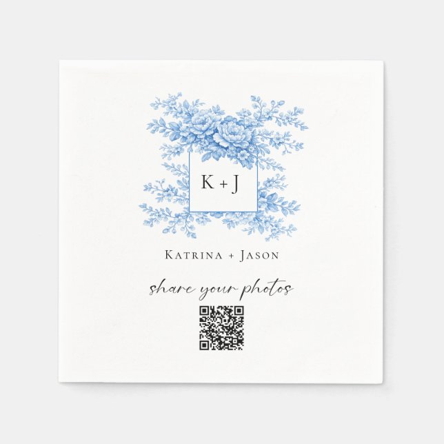 Chinoiserie Bröllop Blå Blommig QR Dela Bilder Pappersservett (Framsidan)