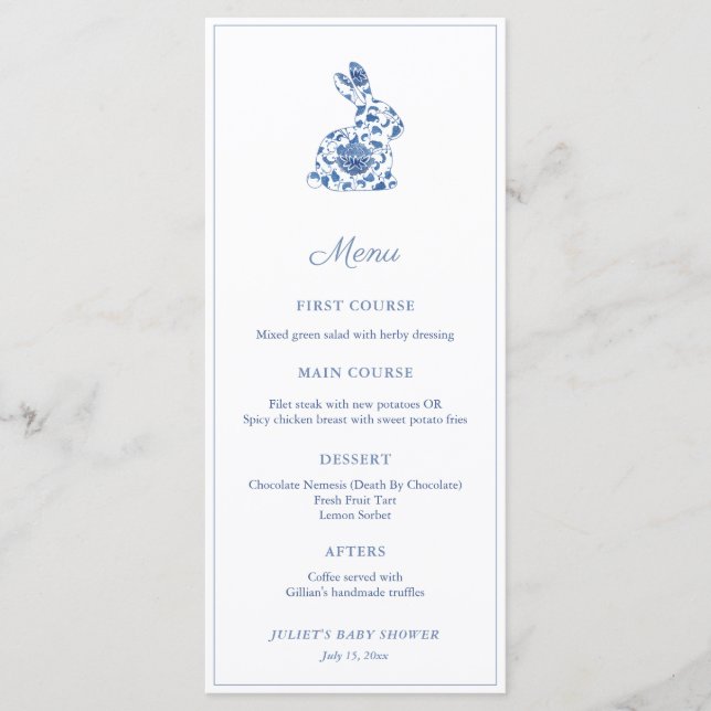 Chinoiserie Bunny Blue and White Baby Shower Party Meny (Framsida)