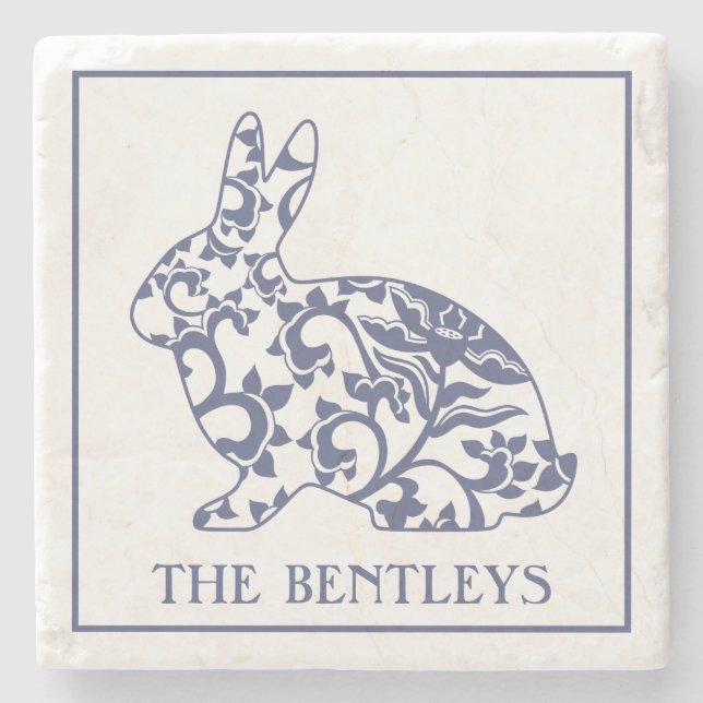 Chinoiserie Bunny Rabbit Stone Underläggs Stenunderlägg (Framsidan)