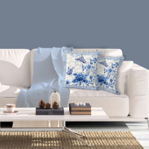 Chinoiserie Butterfly Blommigt Vintage Blue n Whit Kudde