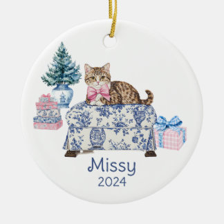 Chinoiserie Cat Namn och År Julgransprydnad Keramik